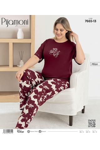 Pijamoni Kadın Milan Büyük Beden Bisiklet Yaka Kısa Kol İnce Pijama Takımı 7665/13b - 1 Adet Bordo