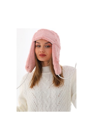 Kadın Pudra Kürklü Kulaklıklı Peluş Şapka Pudra