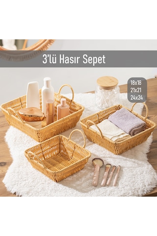 Porsima 303b 3lü Düzenleyici Kare Hasır Sepet Seti Ekmeklik Sepet