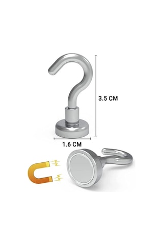 2 Adet Çok Amaçlı Güçlü Neodyum Mıknatıs Manyetik Kanca Askı - 16 Mm Çap Gümüş