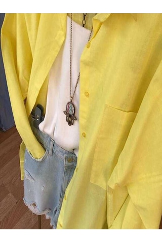 Kadın Oversize Keten Gömlek Yeni Sezon Yazlık Keten Gömlek Sarı