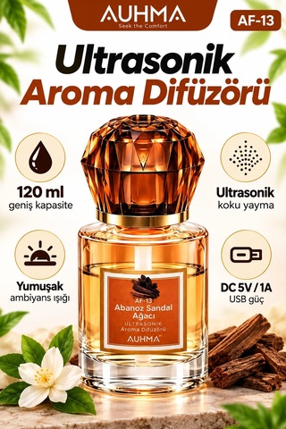 Ultrasonik Aroma Difüzörü 120 Ml Abanoz Sandal Ağacı Kokulu Led Işıklı Araç Ve Oda Kokusu