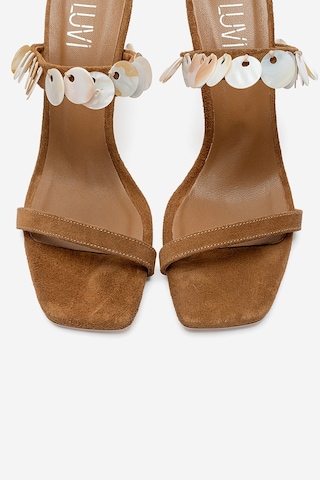 Luvishoes Arund Taba Süet Hakiki Deri Sedef Pul Aksesuarlı Kadın İnce Topuklu Terlik
