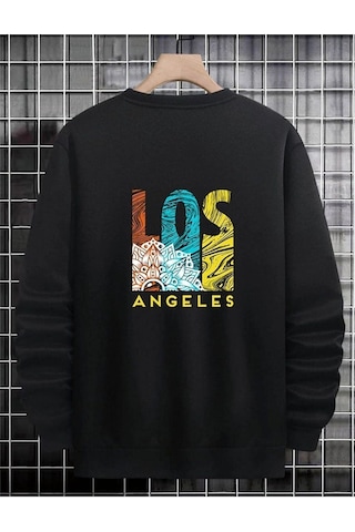 Unisex Siyah Los Angeles Oversize Bisiklet Yaka Sweatshirt 001
