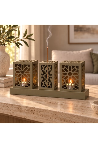 Lazer Kesim Metal Tealight Mumluk Ve Tütsülük Seti Geometrik Selçuklu Yıldızı Motifli Modern Ev Dekoru Benzersiz Masa Süsü Ve Hediye Haki