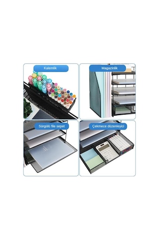 Temel Siyah Metal Mesh 4 Katlı Masaüstü Organizer Dosyalık Çekmeceli Kalemlikli 34.5x22x30 Cm 9209