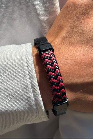 El İşçiliği İle Üretilmiş Hakiki Deri Erkek Bileklik Kırmızı - Siyah