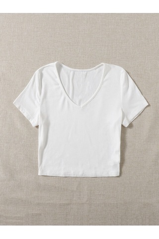 V Yaka Beyaz Renk Fitilli Kısa Kollu Regular Crop Top Bluz
