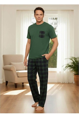 Pijamoni Erkek Bisiklet Yaka Kısa Kol İnce Pijama Takımı 6163/8 - 1 Adet Yeşil