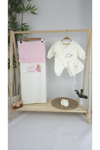 Gros Shop Müslin Yeni Doğan 4katlı Organik %100pamuk Kişiye Özgü Nakışlı Hastane Çıkış Seti-tavşan Model-1 Ekru