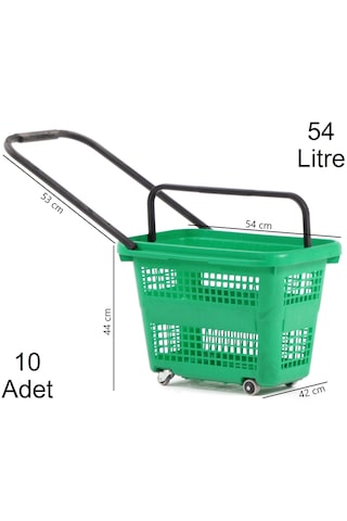 54 Litre 4 Tekerlekli Plastik Alışveriş El Sepeti Yeşil 10 Adet / En:42 Boy:54 Yükseklik:44 Cm