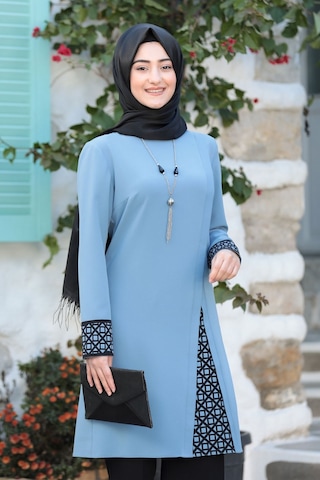 Lazer Kesim Detaylı Büyük Beden Tesettür Takım Mavi