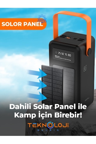 Güneş Enerjili Solar Powerbank 80.000 Mah Dijital Göstergeli El Fenerli 4 Çıkış Taşınabilir Batarya Siyah