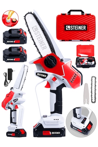Steiner 21v Kömürsüz Motor Metal Dişli Çift Akülü Şarjlı Ağaç Odun Dal Budama El Testeresi Kırmızı