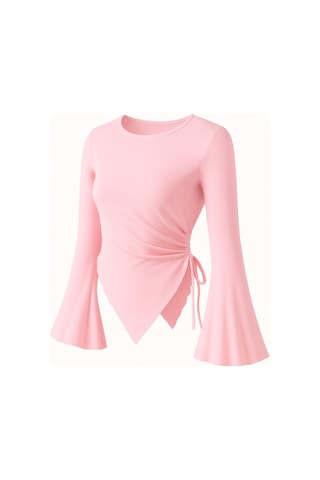 Meren Like Your Style Pembe Yuvarlak Yaka Drape Detaylı İspanyol Kol Tesettür Uyumlu Üst Bluz Pembe