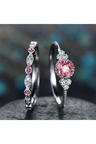 2 Pcs/set Women Fashion Zircon Gemstone Ring 7 Pink Çok Renkli