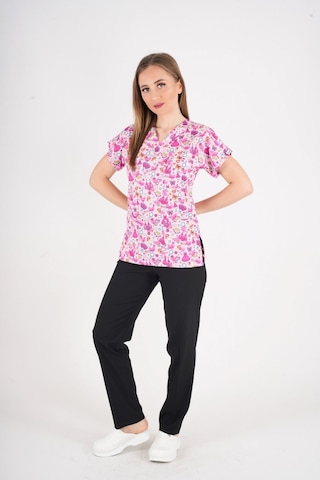 Unisex Pembe Prenses Desenli Likralı Scrubs Hemşire Doktor Hastane Üniforma Takımı Pembe
