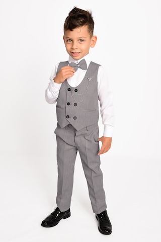 Merdia Kids Erkek Çocuk Smokin Takım Elbise Gömlek, Pantolon, 6 Düğmeli Yelekli, Papyonlu, Zincirli Gri
