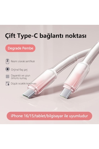 Buz Kristal Dokuma 65w Cep Telefonu Veri Kablosu Hızlı Şarj Kablosu 1 Metre Type C Bağlantılı 16 Ve Üzeri Sürümlerle dur Pembe 1 Adet Type-c - Type-c 1m Apple Uyumlu iPhone 16 İle dur