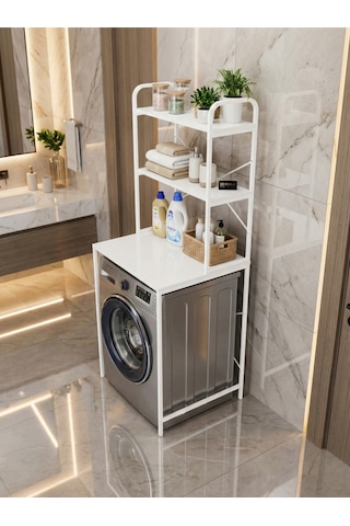 Çamaşır Makinesi Dolabı 2 Katlı Geniş Depolama Raf Ünitesi Metal Banyo Organizer Standı 260 Beyaz Çok Renkli
