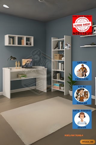 Tamamı Mdf Kitaplıklı Duvar Raflı Çalışma Odası Seti