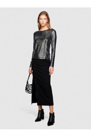 Sisley Poliviskoz Esnek Midi Boy Yandan Fermuarlı Etek Kadın Siyah T-shirt - 323a47n8l001n