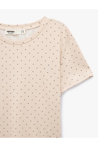 Koton Rahat Kalıp Bisiklet Yaka Kısa Kollu Puantiyeli Pijama Üstü Beyaz Desenli 7wlk40107mk