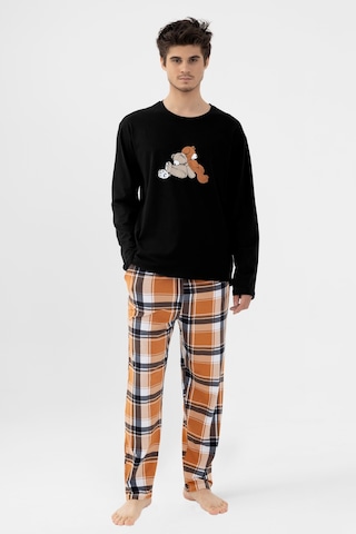 Erkek Pamuklu Uzun Kollu Ayıcık Baskılı Alt Ekose Cep Detaylı Pijama Takımı Ke30113 Siyah - Kahverengi