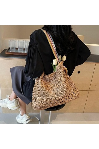 Novahub Haki Kadın Yaz Plaj Dokuma Hasır Omuzdan Askılı Çanta, Geniş Kayış, Büyük Kapasiteli Alışveriş Tote, Seyahat Ve Tatil İçin Haki