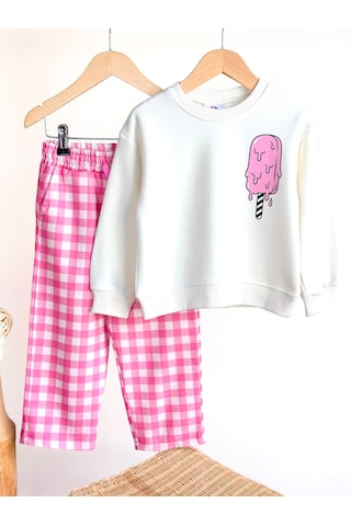 Elzo Collection Kız Çocuk İce Cream Baskılı Ekru Sweatshirt Kareli Pantolon Denim Kot Alt Üst Takım Çok Renkli