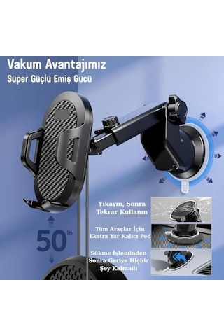Araç Telefon Tutucu 360 Dönebilir Vantuzlu, Şok Emici, Tek Tuşla Sabitleme, Ultra Güçlü Vakum, 4.7 7 Telefonlar İçin Uyumlu