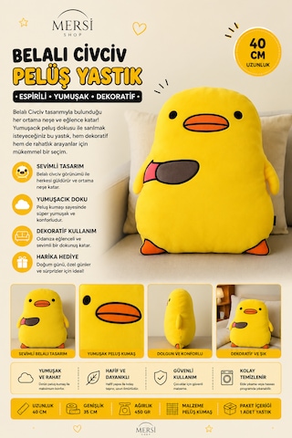 Belalı Civciv Tasarımlı Peluş Yastık 40 Cm Yumuşak Ve Eğlenceli Dekoratif Yastık Açık Sarı