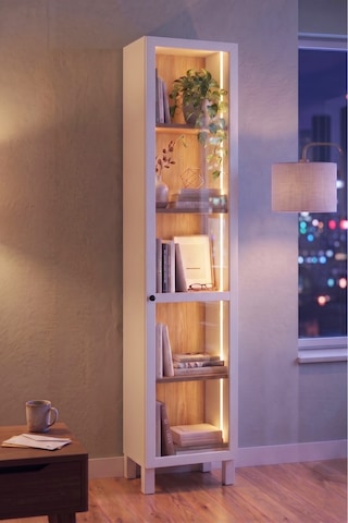 Yoda Temperli Cam Kapaklı Neon Led Işıklı Dar Alan Vitrin Büfe Kitaplık Ahşap Ayaklı 5 Raflı Sepet-beyaz 183cm Yd8-sw