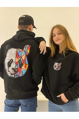 Merkür Store Sevgili Çift Kombinleri Panda Tasarım 2 Ürün Siyah Kapüşonlu Sweatshirt SIYAH