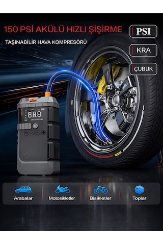 12000mah 12000a 150 Psı Akü Takviyeli Oto Bisiklet Motosiklet Hava Kompresörü Lastik Şişirme Pompası Siyah - Abs+