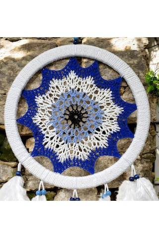 Saks Mavisi Nazar Motifli Kuş Tüylü Duvar Süsü