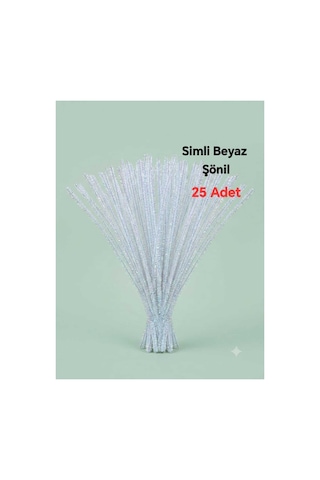 25 Adet Simli Beyaz Şönil ,çiçek Yapımına Uygun Tüylü Tel, 30 Cm