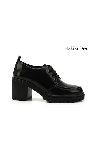 Gönderi(R) Gönderi R Siyah Rugan Bağcıklı Orta Kalın Topuklu Hakiki Deri Ayakkabı Sıyah Rugan