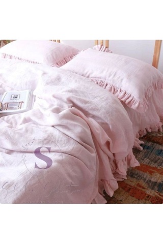 % 100 Pamuk Pembe Fırfırlı Keten Çift Kişilik Nevresim Takımı 200 X220 Pembe