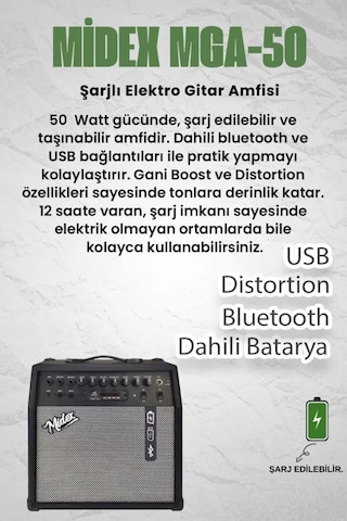 Karın Bölgesix Mga-50usb-bt Elektro Gitar Amfisi 50 Watt Usb Bluetooth Şarjlı 4 Girişli