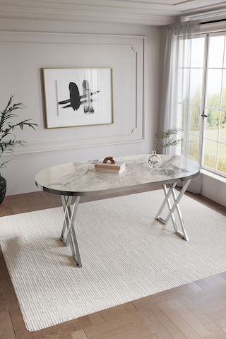 Selenit Mutfak Yemek Masası Takımı- 6 Kişilik Mutfak Masa Sandalye Takımı- Mutfak Masası Takımı Beyaz Mermer Model