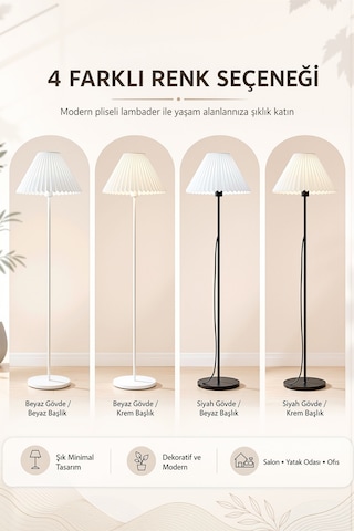 Beyaz Metal Lambader Tek Ayaklı Kırma Beyaz Kumaş Pileli Başlık İthal Modern Retro 150 Cm Lam03
