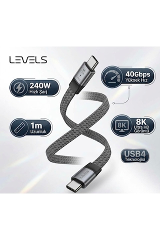Levels Usb4 Type-c Kablo 240w Hızlı Şarj & 40gbps Veri Transferi 8k 60hz Uhd 1m Flat Kablo 100cm