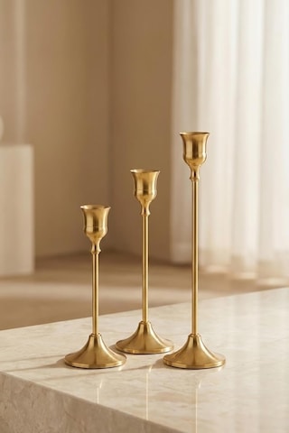 Vintage Metal Şamdan 3'lü Set, Altın Renk, Paslanmaz Çelik, Çizilmeye Dayanıklı, Dekoratif Mumluk, Minimalist Tem Çok Renkli
