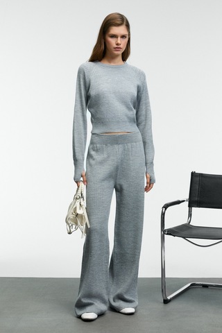 MARIPOSA Kadın Yuvarlak Yaka Çizgi Desenli Crop Geniş Paça Triko Grimelanj Alt-Üst Takım