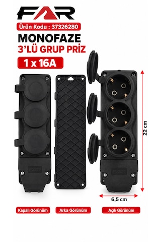 Far Monofaze 3'lü Grup Priz 1x16 Kauçuk Priz Sert Plastik Ürün Kodu :37326280