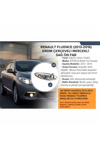 Renault Fluence 2013-2016 Krom Çerçeveli Mercekli Sağ Far