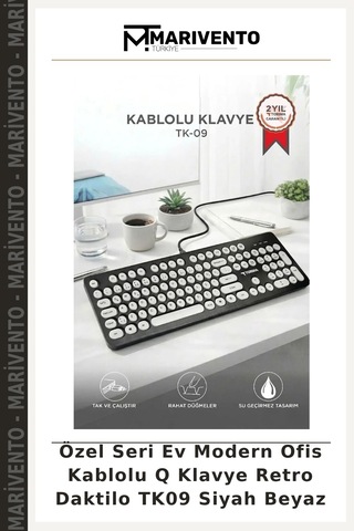 Özel Seri Ev Modern Ofis Kablolu Q Klavye Retro Daktilo Tk09 Siyah Beyaz