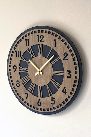 Remium Mat Siyah- Açık Kahverengi Duvar Saati 48cm Ahşap - Siyah