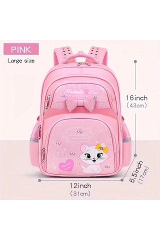 Dream011 Sevimli Çizgi Film Kedi Desenli Pembe Büyük İlkokul Çantası 1-6 Sınıflar Kız Çocuk Ultra Hafif Büyük Kapasiteli Pembe
